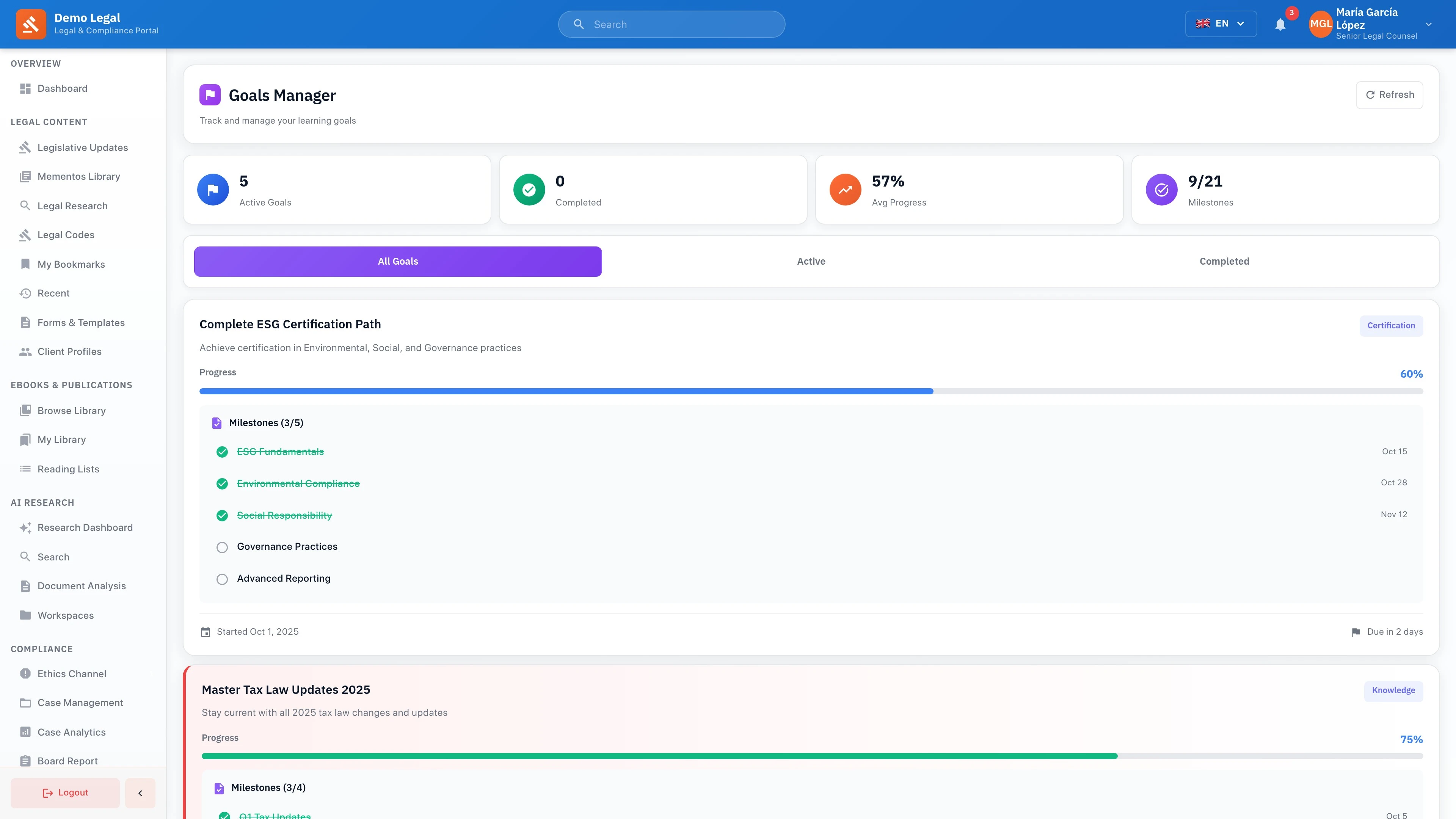 User Profile - Goals tracking interface showing personalized goal management and progress monitoring